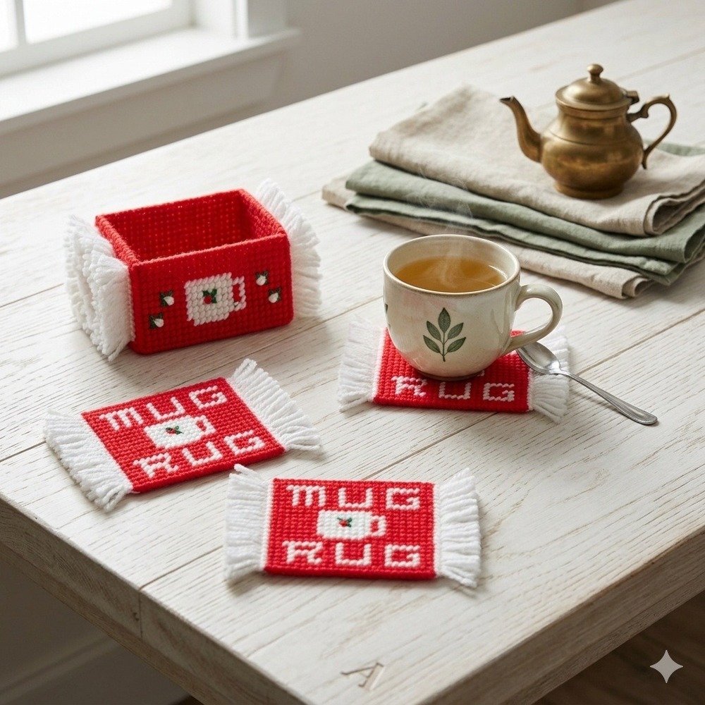 Vintage Handmade Needlepoint Mug Rug Coaster Set Red White 7pc with Holder